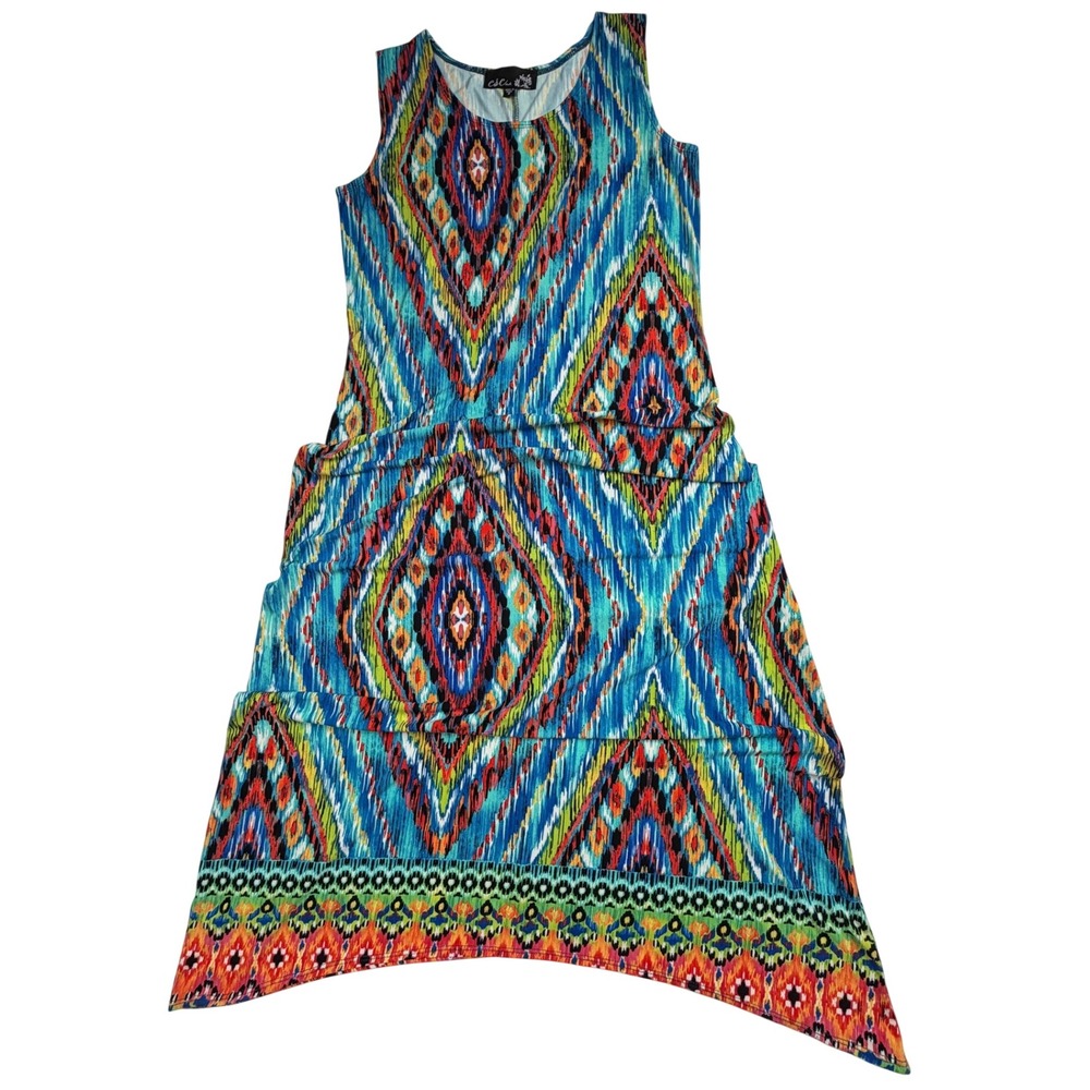 CSC Studio Midi Dress Womens S Blue Ikat Geometric Sleeveless Handkerchief Hem